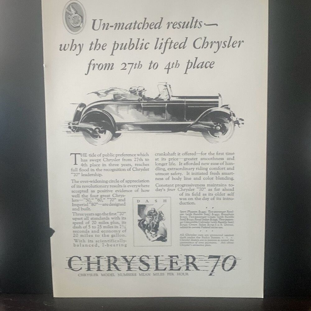 Vintage 1927 Chrysler 70 Dash Un-Matches Results Ad Advertisment